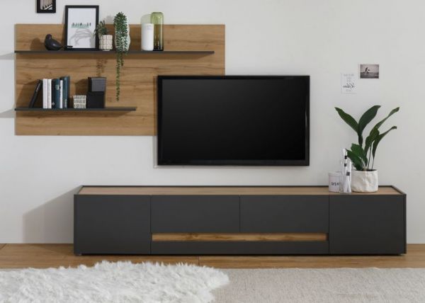 Wohnwand Center in grau matt und Wotan Eiche Set 2-teilig 300 x 180 cm