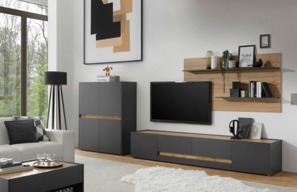 Wohnwand Center in grau matt und Wotan Eiche Set 2-teilig 300 x 180 cm