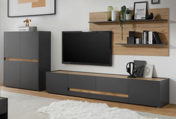 Wohnwand Center in grau matt und Wotan Eiche 3-teilig 343 x 180 cm mit XL-TV-Schrank