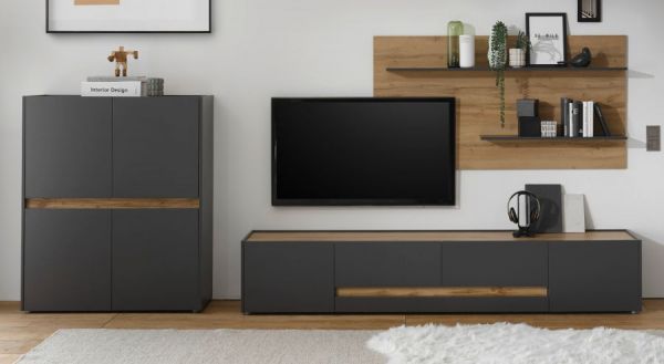 Wohnwand Center in grau matt und Wotan Eiche 3-teilig 343 x 180 cm mit XL-TV-Schrank