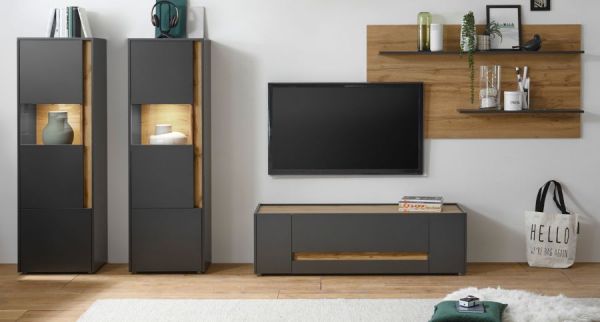 Wohnwand Center in grau matt und Wotan Eiche Wohnkombination 4-teilig 340 x 170 cm