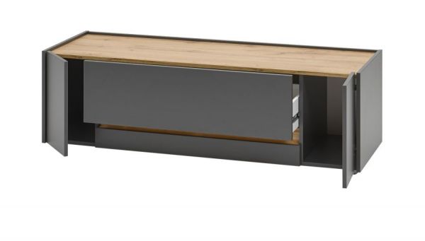 Wohnwand Center in grau matt und Wotan Eiche Wohnkombination 4-teilig 340 x 170 cm