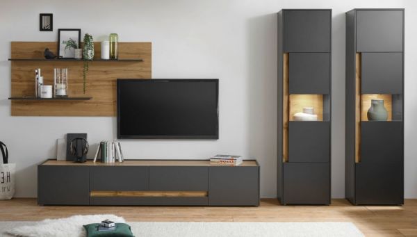 Wohnwand Center in grau matt und Wotan Eiche 4-teilig 400 x 197 cm mit XL-TV-Schrank