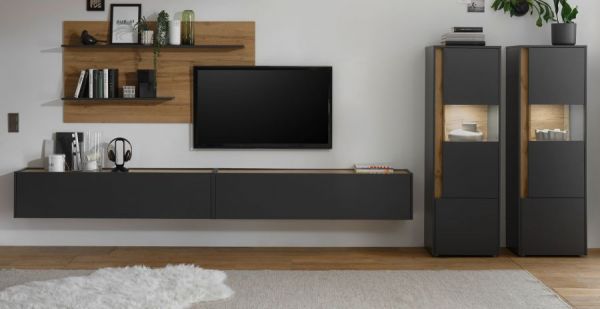 Wohnwand Center in grau matt und Wotan Eiche 5-teilig 440 x 180 cm mit XXL-TV-Schrank