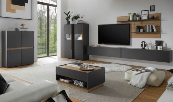 Wohnwand Center in grau matt und Wotan Eiche 5-teilig 440 x 180 cm mit XXL-TV-Schrank