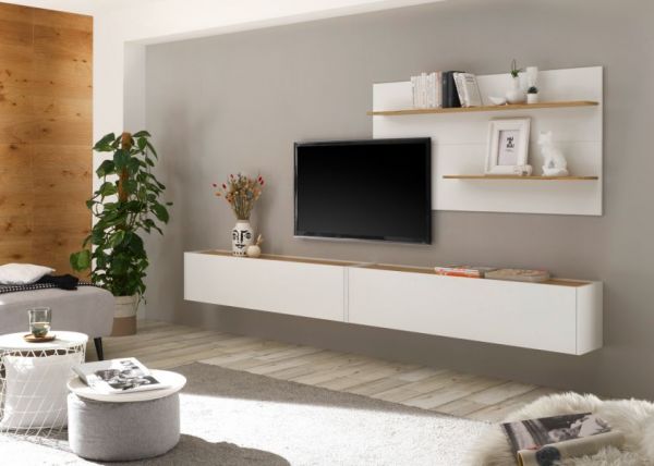 TV-Lowboard Center in wei� und Wotan Eiche TV-Unterteil h�ngend 150 x 35 cm H�ngeschrank