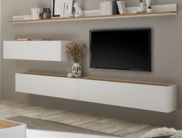 Wohnkombination Center in wei� und Wotan Eiche Wohnwand 5-teilig mit XXL-Board 340 x 180 cm