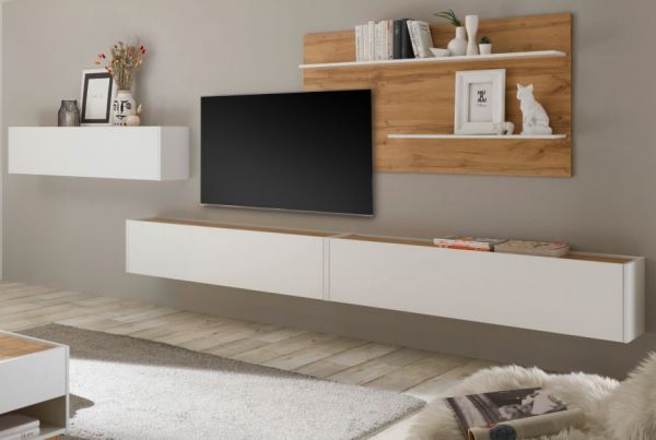 Wohnkombination Center in wei� und Wotan Eiche Wohnwand 4-teilig 400 x 180 cm mit XXL-Board und Wandpaneel