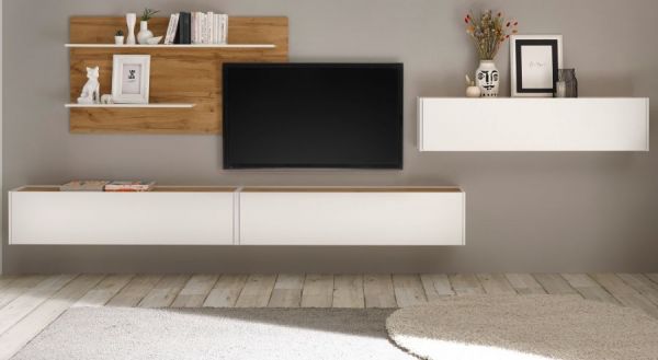 Wohnkombination Center in wei� und Wotan Eiche Wohnwand 4-teilig 400 x 180 cm mit XXL-Board und Wandpaneel