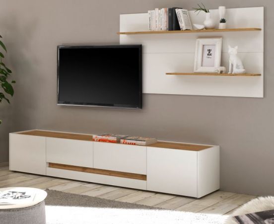 Wohnkombination Center in wei� und Wotan Eiche Wohnwand 2-teilig 300 x 180 cm mit XL-Board und Wandpaneel
