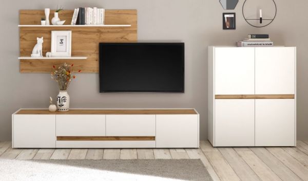 Wohnkombination Center in wei� und Wotan Eiche Wohnwand 3-teilig 343 x 180 cm mit XL-Board