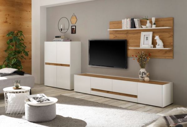 Wohnkombination Center in wei� und Wotan Eiche Wohnwand 3-teilig 343 x 180 cm mit XL-Board