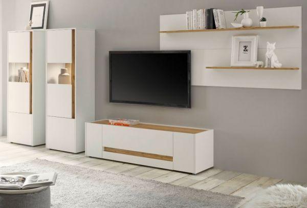 Wohnwand Center in wei� und Wotan Eiche Wohnkombination 4-teilig 340 x 170 cm
