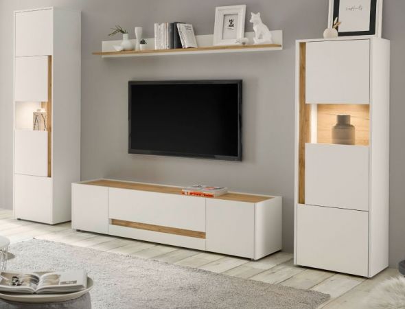 Wohnwand Center in wei� und Wotan Eiche Wohnkombination 4-teilig 310 x 197 cm
