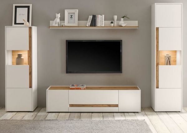 Wohnwand Center in wei� und Wotan Eiche Wohnkombination 4-teilig 310 x 197 cm