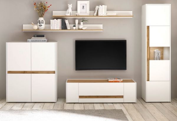 Wohnwand Center in wei� und Wotan Eiche Wohnkombination 5-teilig 330 x 197 cm