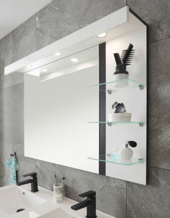 Badezimmer Spiegel Design-D in wei� Hochglanz und schwarz Badspiegel mit Ablage und LED Beleuchtung 120 x 85 cm