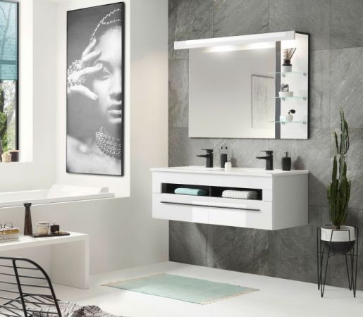 Badezimmer Spiegel Design-D in wei� Hochglanz und schwarz Badspiegel mit Ablage und LED Beleuchtung 120 x 85 cm