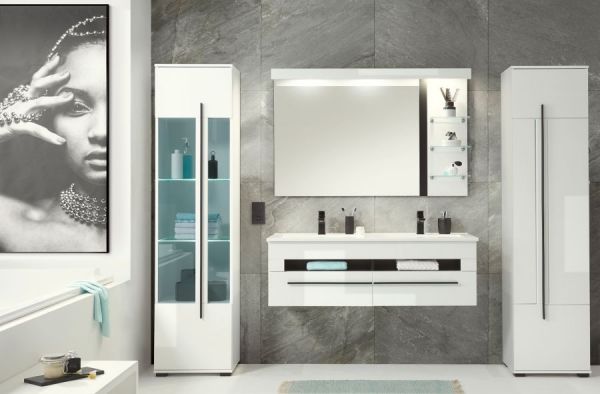 Badezimmer Spiegel Design-D in wei� Hochglanz und schwarz Badspiegel mit Ablage und LED Beleuchtung 120 x 85 cm