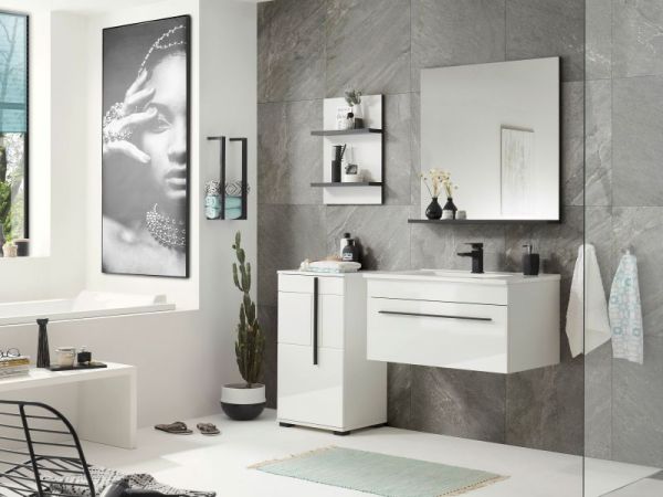 Badm�bel Set Design-D in wei� Hochglanz und schwarz Badkombination MIT Waschbecken 135 x 200 cm