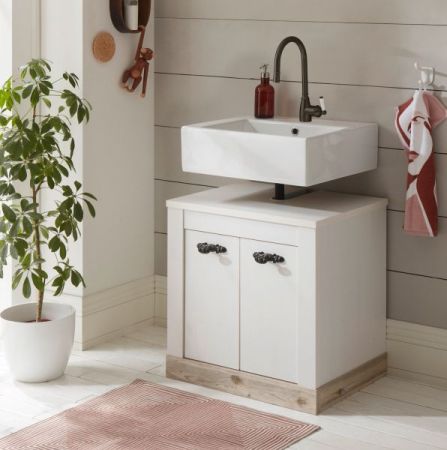 Badezimmer Waschbeckenunterschrank Rovola in Pinie wei� / Oslo Pinie Landhaus Badschrank 60 x 63 cm