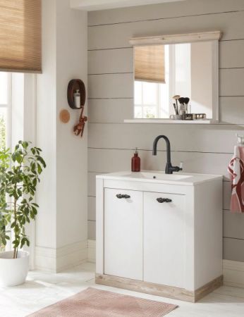 Badezimmer Spiegel Rovola in Pinie wei� / Oslo Pinie Landhaus Badspiegel mit Ablage 80 x 72 cm