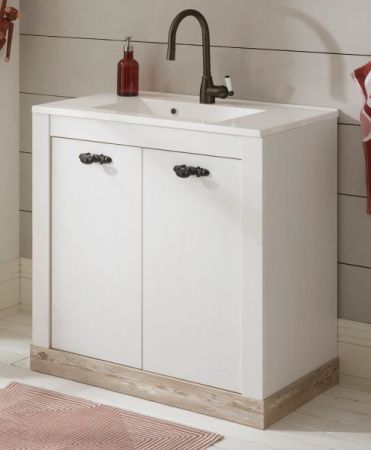 Waschbeckenunterschrank MIT Waschbecken Rovola in Pinie wei� / Oslo Pinie Landhaus Waschtisch Set 81 x 85 cm