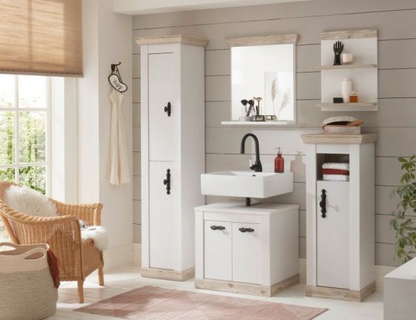 Badkombination Rovola in Pinie wei� / Oslo Pinie Landhaus Badm�bel Set 5-tlg. 184 x 200 cm
