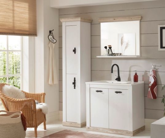Badkombination Rovola in Pinie wei� / Oslo Pinie Landhaus Badm�bel Set 4-tlg. MIT Waschbecken 143 x 200 cm