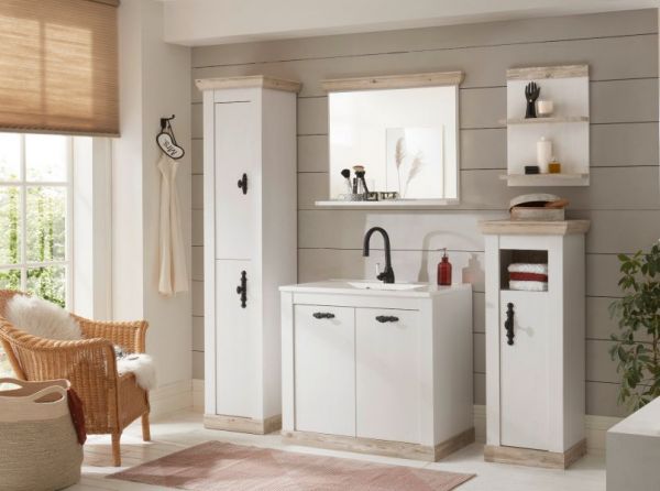 Badkombination Rovola in Pinie wei� / Oslo Pinie Landhaus Badm�bel Set 6-tlg. MIT Waschbecken 205 x 200 cm