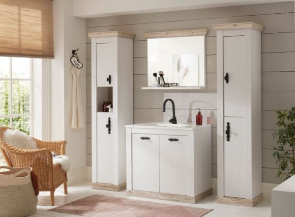 Badkombination Rovola in Pinie wei� / Oslo Pinie Landhaus Badm�bel Set 5-tlg. MIT Waschbecken 205 x 200 cm