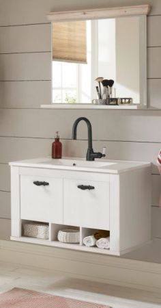 Badkombination Rovola in Pinie wei� / Oslo Pinie Landhaus Badm�bel Set 3-tlg. h�ngend MIT Waschbecken 81 x 200 cm