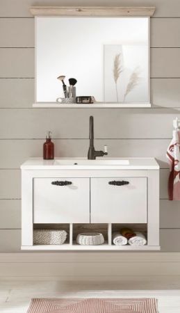 Badkombination Rovola in Pinie wei� / Oslo Pinie Landhaus Badm�bel Set 3-tlg. h�ngend MIT Waschbecken 81 x 200 cm