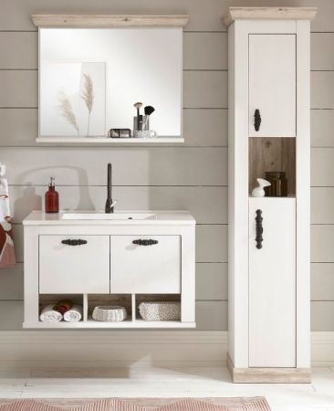 Badkombination Rovola in Pinie wei� / Oslo Pinie Landhaus Badm�bel Set 4-tlg. h�ngend MIT Waschbecken 143 x 200 cm
