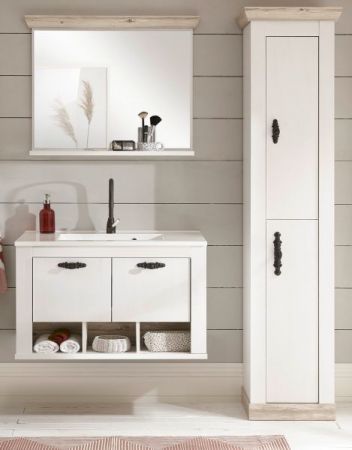 Badkombination Rovola in Pinie wei� / Oslo Pinie Landhaus Badm�bel Set 4-tlg. h�ngend MIT Waschbecken 143 x 200 cm