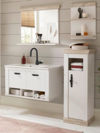 Badkombination Rovola in Pinie wei� / Oslo Pinie Landhaus Badm�bel Set 5-tlg. h�ngend MIT Waschbecken 143 x 200 cm