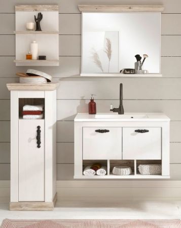 Badkombination Rovola in Pinie wei� / Oslo Pinie Landhaus Badm�bel Set 5-tlg. h�ngend MIT Waschbecken 143 x 200 cm