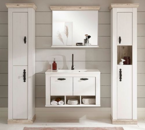Badkombination Rovola in Pinie wei� / Oslo Pinie Landhaus Badm�bel Set 5-tlg. h�ngend MIT Waschbecken 205 x 200 cm