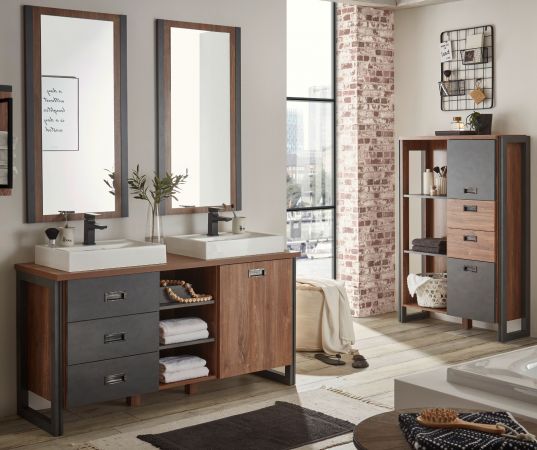 Badm�bel Set 2-teilig Auburn in Eiche Stirling und Matera grau Badkombination Waschbeckenunterschrank und Spiegel 61 x 205 cm