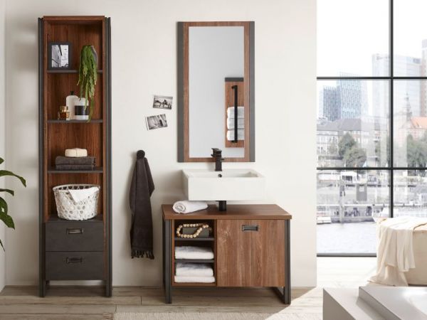 Badm�bel Set 2-teilig Auburn in Eiche Stirling und Matera grau Badkombination Waschbeckenunterschrank und Spiegel 81 x 205 cm