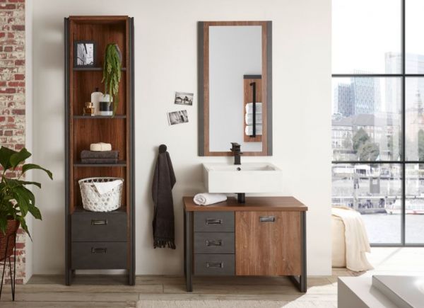 Badm�bel Set 2-teilig Auburn in Eiche Stirling und Matera grau Badkombination Waschbeckenunterschrank und Spiegel 81 x 205 cm