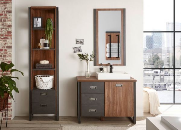 Badm�bel Set 3-teilig Auburn in Eiche Stirling und Matera grau Badkombination MIT Waschbecken 91 x 205 cm