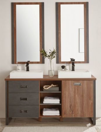 Badm�bel Set 5-teilig Auburn in Eiche Stirling und Matera grau Doppelwaschtisch inkl. 2 x Waschbecken 138 x 205 cm Badkombination