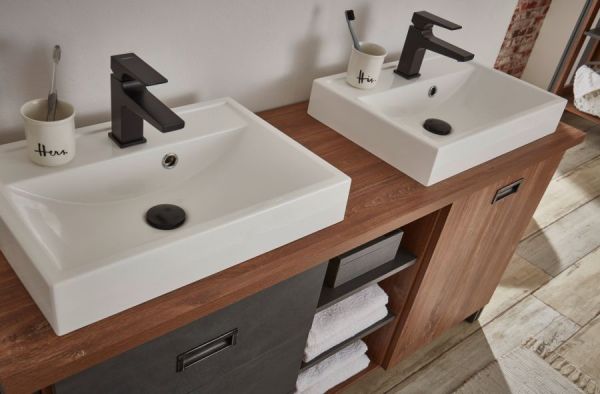 Badm�bel Set 5-teilig Auburn in Eiche Stirling und Matera grau Doppelwaschtisch inkl. 2 x Waschbecken 138 x 205 cm Badkombination