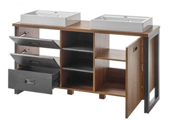 Badm�bel Set 5-teilig Auburn in Eiche Stirling und Matera grau Doppelwaschtisch inkl. 2 x Waschbecken 138 x 205 cm Badkombination
