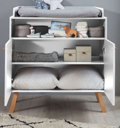 Babyzimmer Wickelkommode Svea in wei� matt mit Buche massiv Babym�bel Wickeltisch 96 x 105 cm