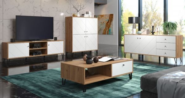 Couchtisch Linea in wei� matt und Eiche Artisan Beistelltisch mit 2 x Schubkasten 110 cm