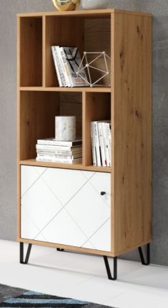 Regalschrank Linea in wei� matt mit Rautenoptik und Eiche Artisan B�cherregal 63 x 136 cm