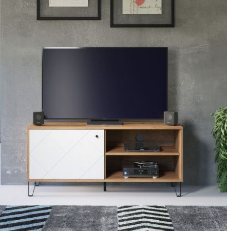 TV-Lowboard Linea in wei� matt mit Rautenoptik und Eiche Artisan TV-Unterteil 123 cm