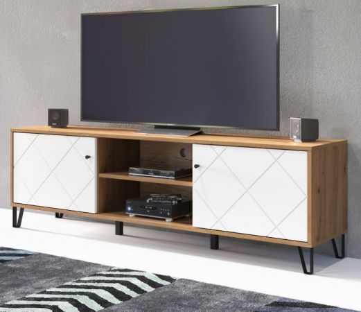 TV-Lowboard Linea wei� matt mit Rautenoptik und Eiche Artisan TV-Unterteil 183 cm mit Soft-Close